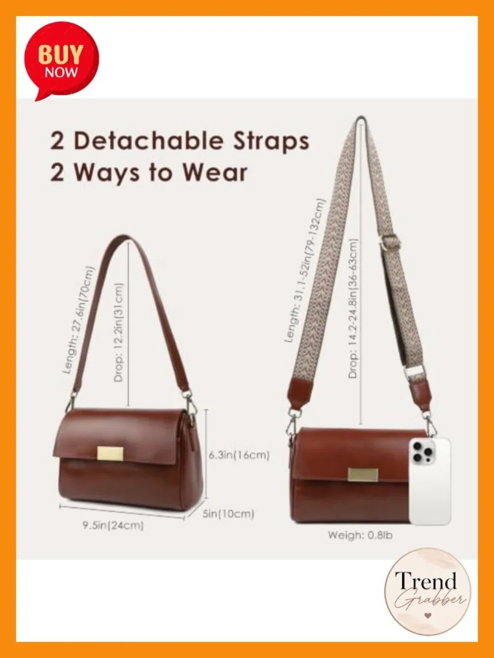 Genuine Leather Crossbody Bag with 2 Detachable Straps, 7 Pockets
